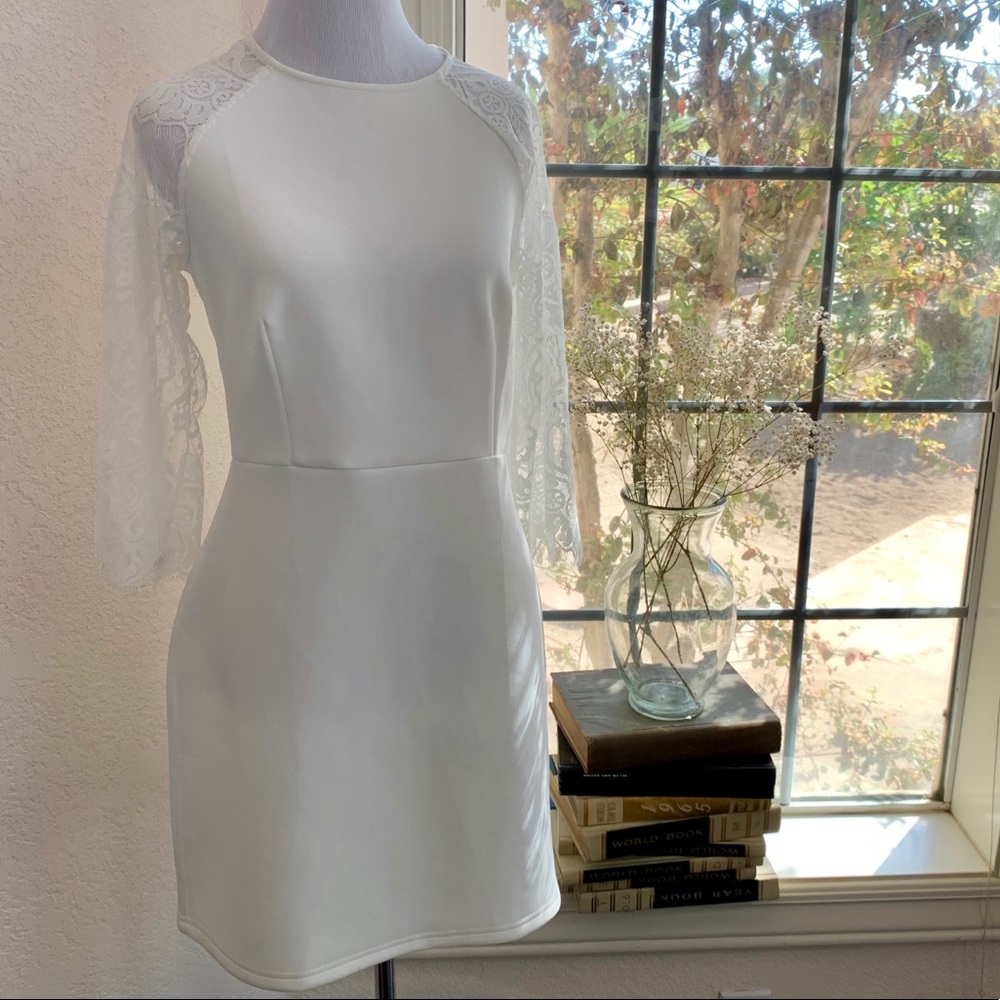 Elegant Lace Bell Half Sleeve Formal White dress